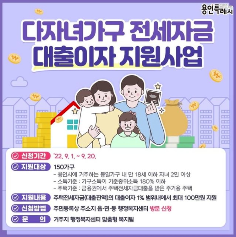  용인시 다자녀가구 전세자금 대출이자 100만원 지원받자! 지원신청방법 안내