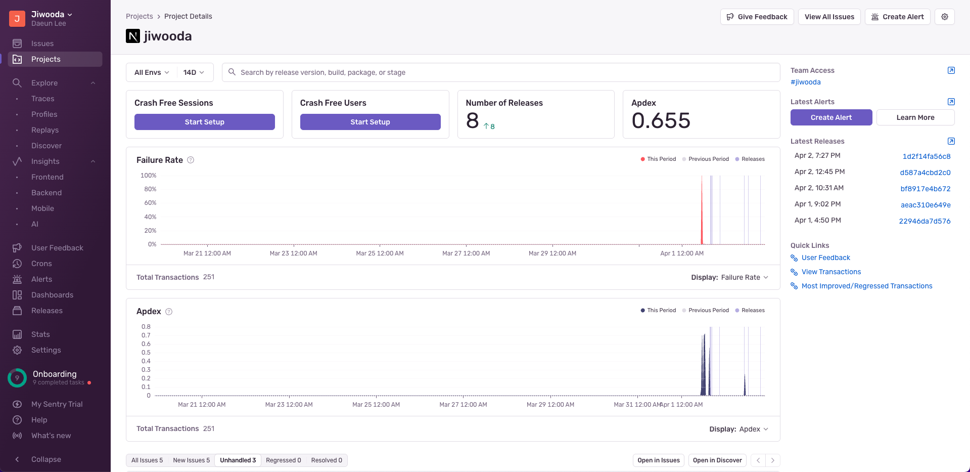 sentry 대시보드 예제