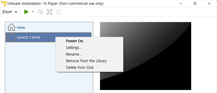 가상 머신 목록에서 마우스 오른쪽 버튼 클릭 후 나타나는 팝업 메뉴