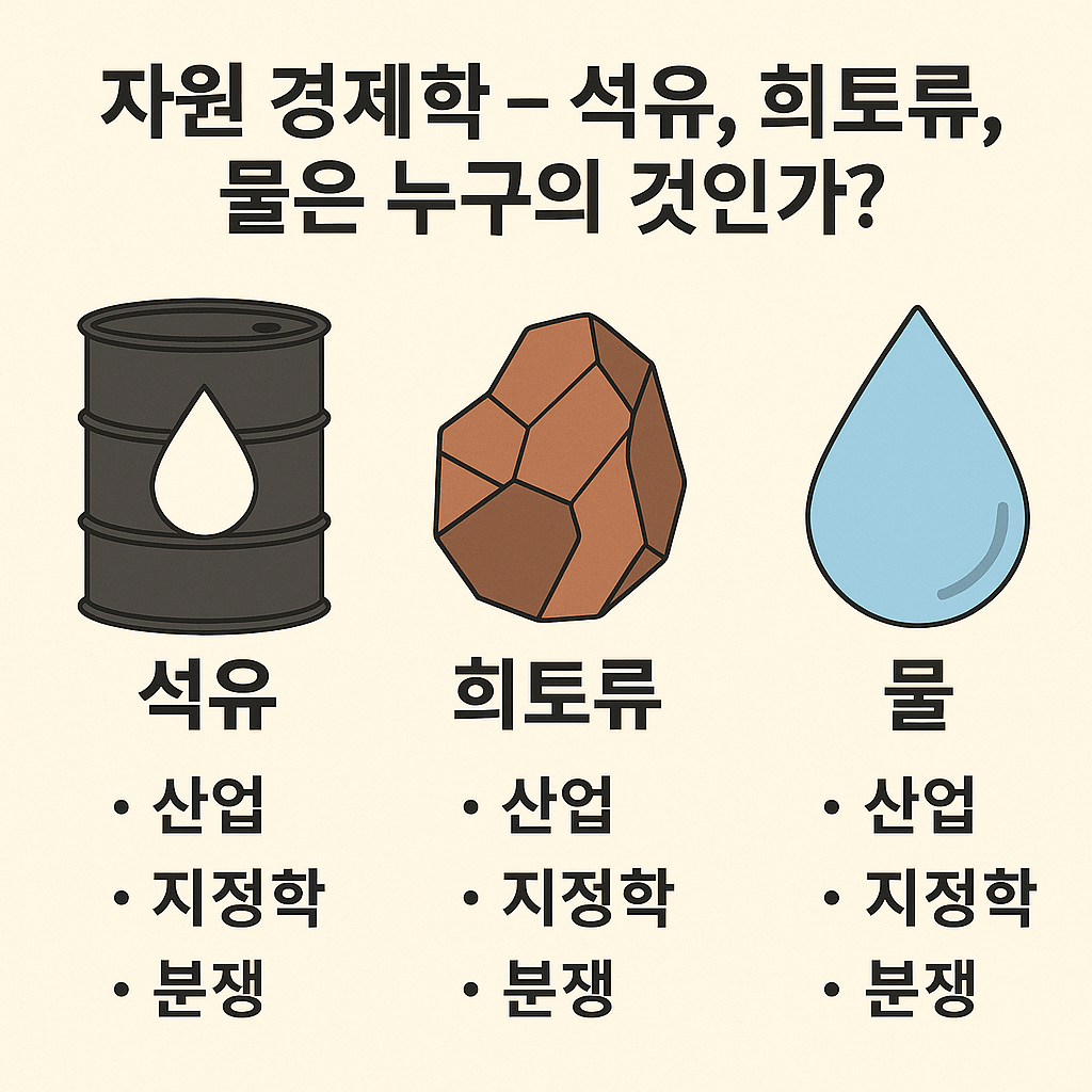 석유, 희토류, 물에 대한 자원 경제학 인포그래픽. 각 자원 아래에 산업, 지정학, 분쟁 요소가 한국어로 정리되어 있으며, 상단에는 '자원 경제학 – 석유, 희토류, 물은 누구의 것인가?'라는 제목이 적혀 있음.