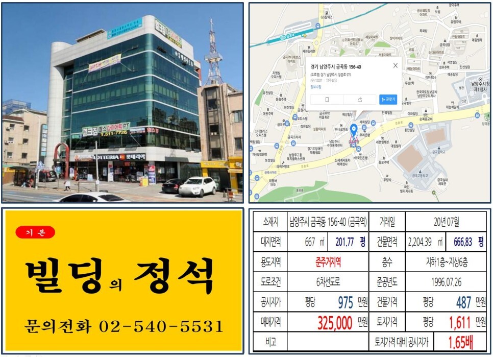  [남양주시 롯데리아 30억 올근생 꼬마빌딩 실거래가 조회] 금곡동 156-40 (금곡역) 32억 5,000만 원, 평당 1,611만 원 매매되었습니다. 남양주시청