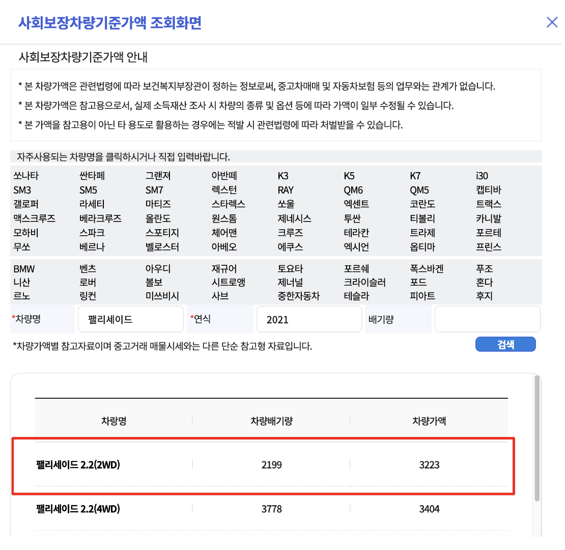 사회보장차량기준가액 검색 결과