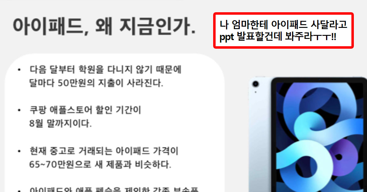  엄마한테 아이패드 사달라고 ppt발표할건데 봐주라