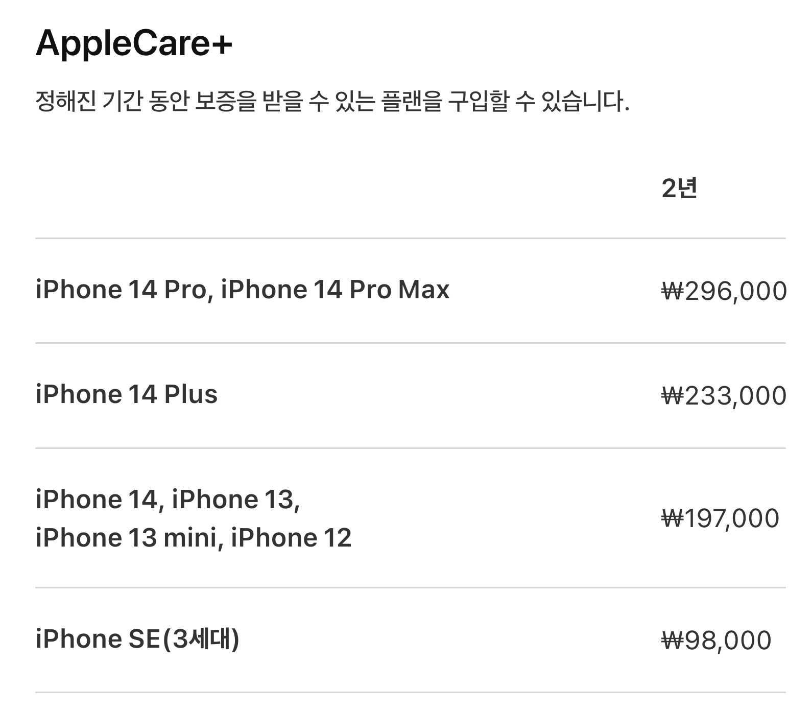 애플케어플러스-애플공식홈페이지-가격표