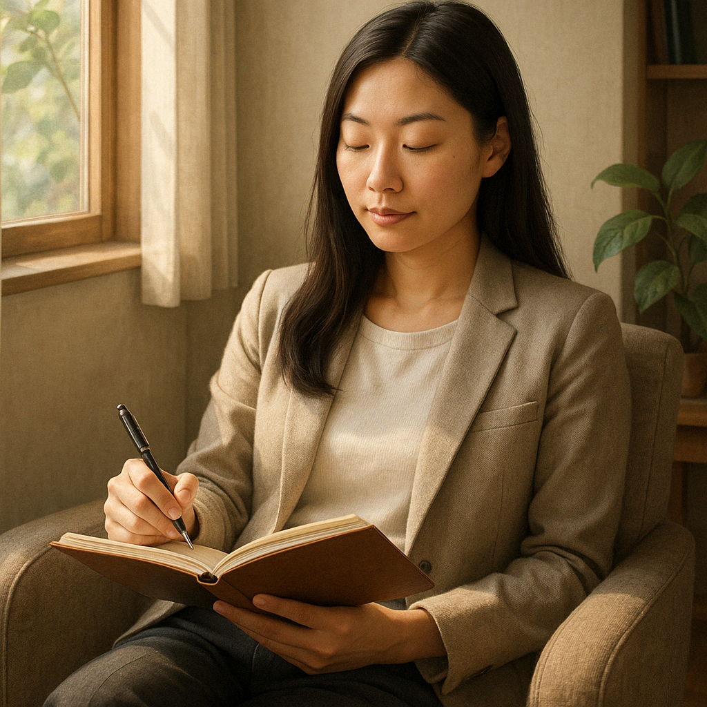 햇살이 드는 조용한 공간에서 감정을 정리하며 회복 시간을 보내는 동양인 여성의 감성 일러스트.