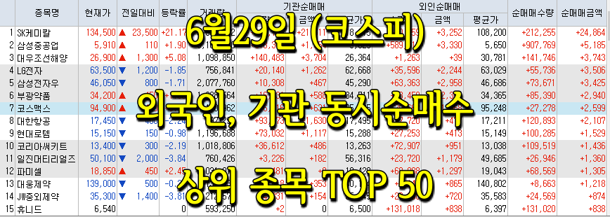  6월29일 코스피/코스닥 외국인, 기관 동시 순매수/순매도 상위 종목 TOP 50