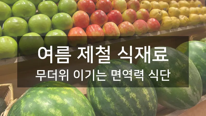 다양한 여름철 제철 식재료와 신선한 과일들이 시원한 푸른색 배경 위에 정갈하게 놓여있는 모습. 수박, 토마토, 오이 등 여름의 청량함이 가득한 식탁