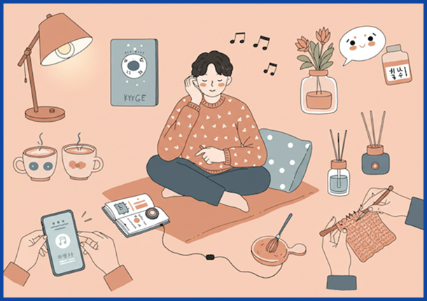 따뜻한 집 안에서 음악을 듣고, 그림을 그리거나 요리를 하며 디지털 기기에서 벗어나 오감을 활용해 휴식하는 한국인의 모습.