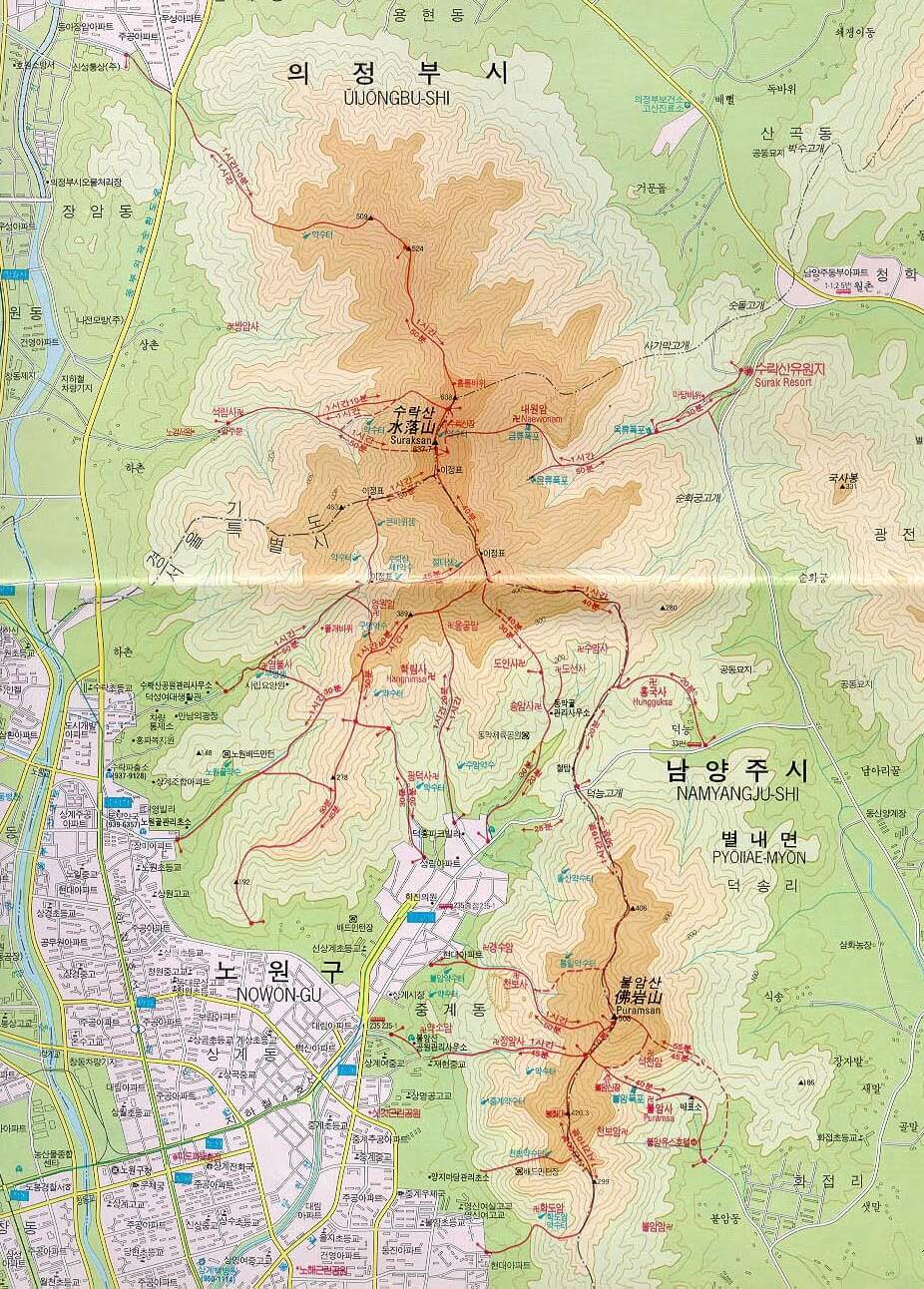 불암산-수락산-등산로가-표시된-지도