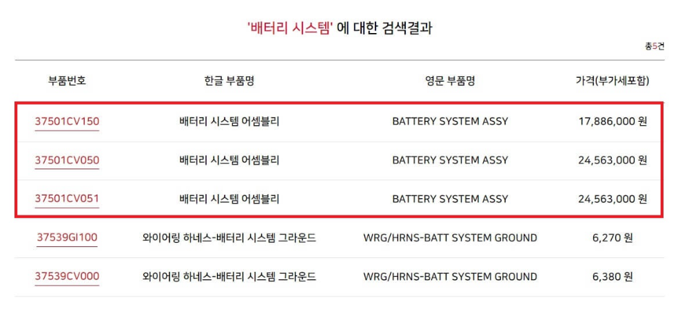 현대/기아 순정부품 가격 조회