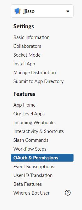 로봇 메뉴의 OAuth&Permissions 클릭