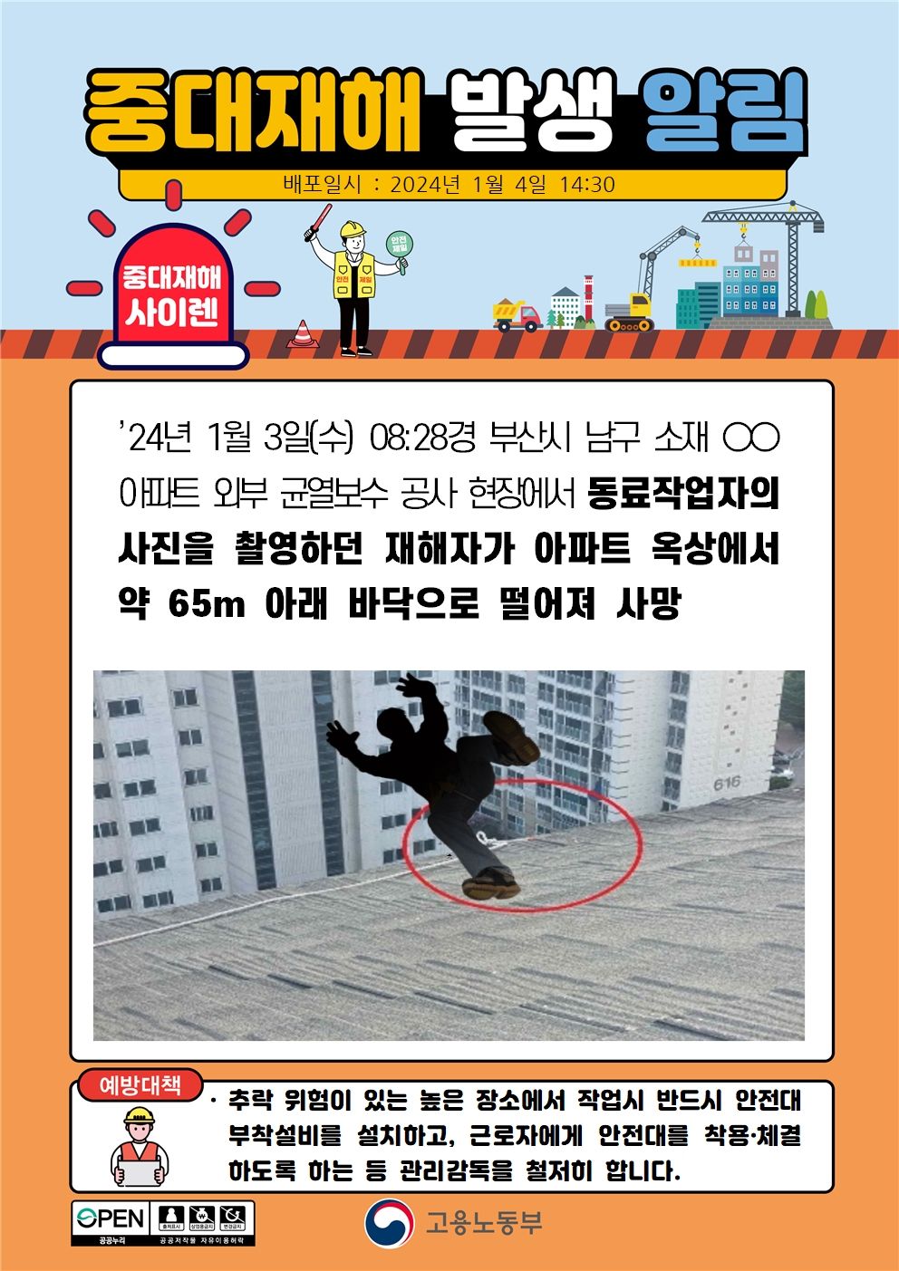 아파트 외부 균열보수공사 사진촬영 중 떨어짐(65m)