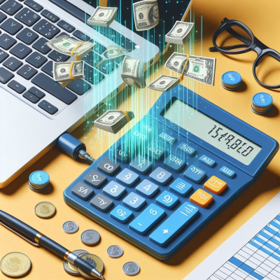 노트북과 연결된 계산기에서 디지털 화폐가 나오는 모습