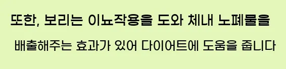  또한, 보리는 이뇨작용을 도와 체내 노폐물을 배출해주는 효과가 있어 다이어트에 도움을 줍니다