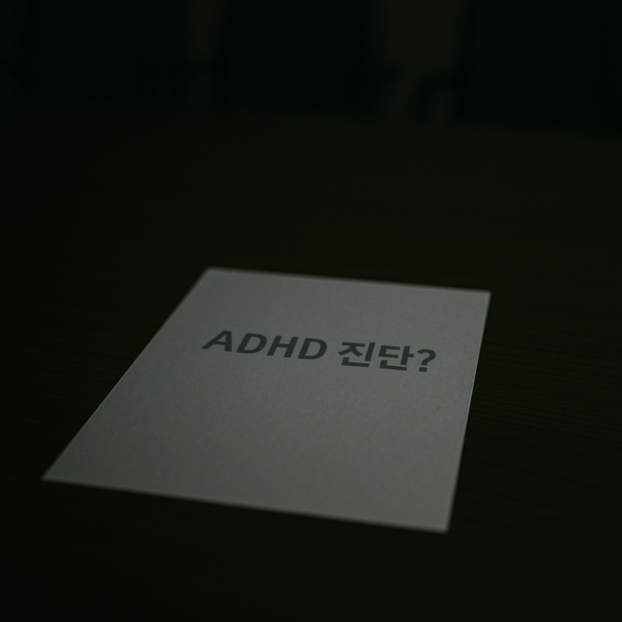 어두운 회의실 테이블 위의 'ADHD 진단' 메모 (흐릿함). 보이지 않는 낙인과 억압을 상징하는 이미지.