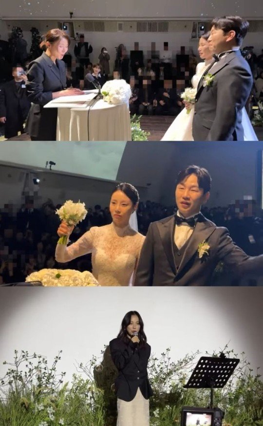 코미디언 정호철·이혜지가 9일 오후 서울 강남 모처에서 결혼식을 올렸다.배우 하지원은 이날 주례를 맡았다. 출처 유튜브 채널 ‘짠한형 신동엽’ 캡처, 중앙일보