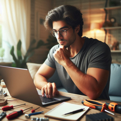 노트북 화면을 바라보며 메모를 하는 남성