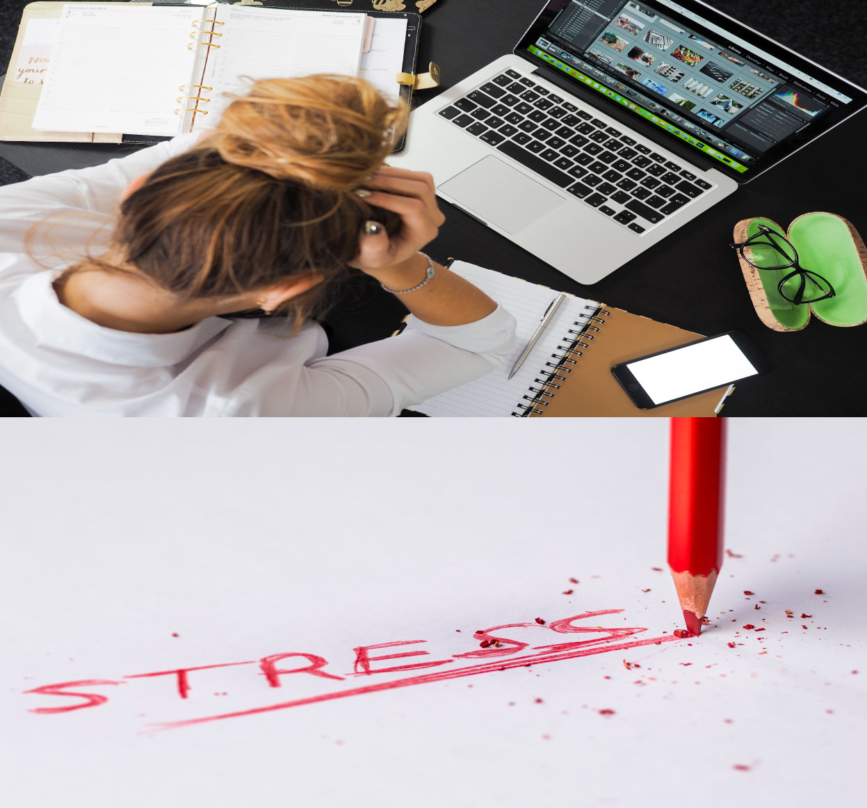 과도한 노트북 사용으로 스트레스를 받고 있는 여자가 머리를 두 손으로 감싸고 있는 이미지와 스트레스라는 글자를 적고 있는 붉은색 연필이 보이는 이미지.