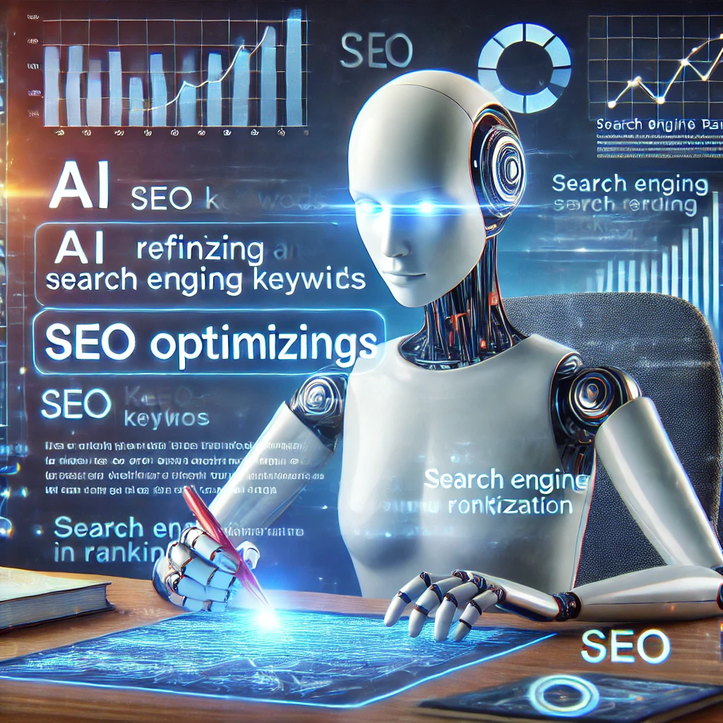 AI가 SEO 키워드를 활용하여 글을 최적화하는 모습 &ndash; 검색 엔진 최적화를 반영한 AI 작업 장면 