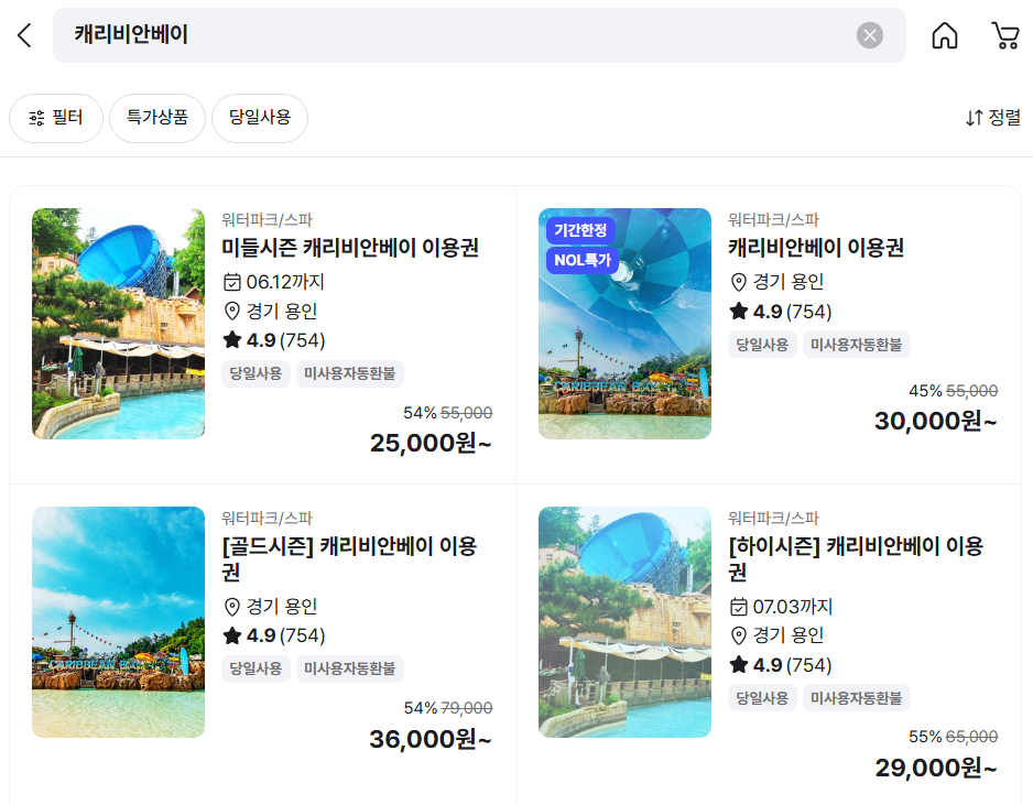 캐리비안 베이 온라인 예매처 최저가 구매 