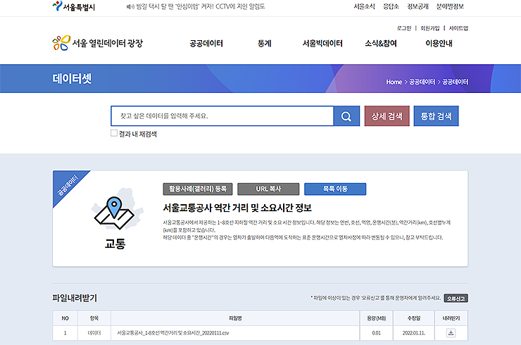 서울-열린데이터-광장-데이터셋-페이지