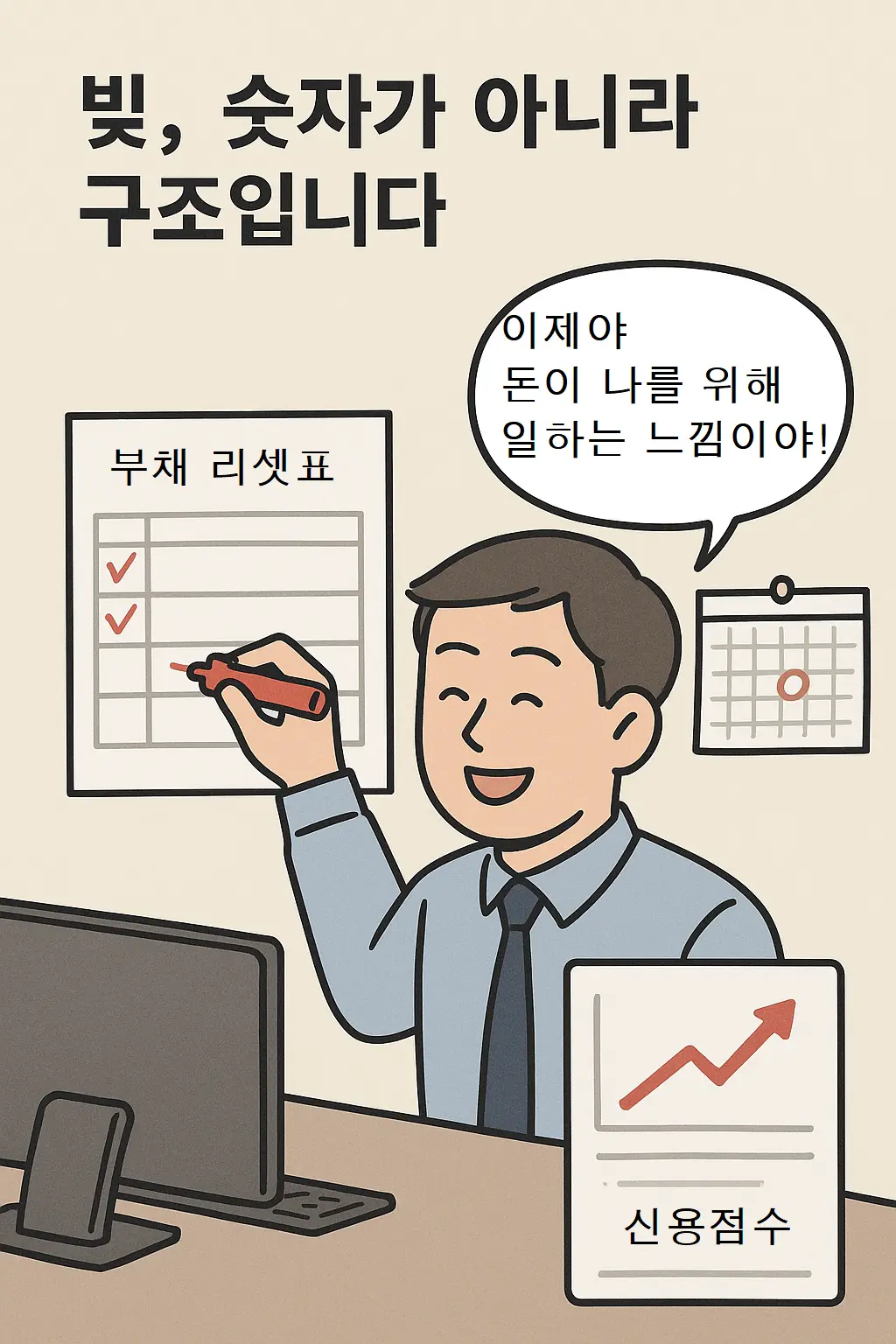 부채 리셋표를 체크하며 신용점수 회복을 기뻐하는 직장인