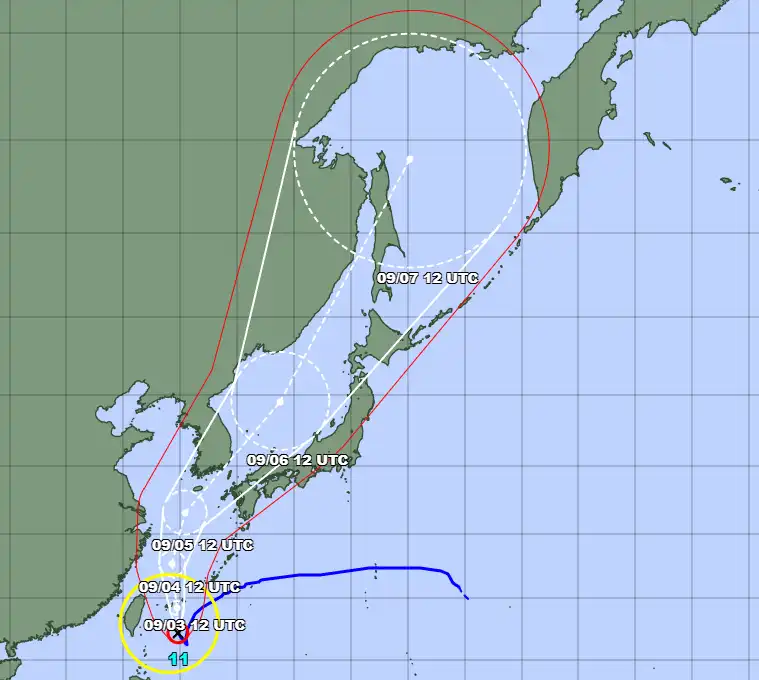 일본 기상청 JMA의 힌남노 태풍 진행 상황 및 진로 예측 경로