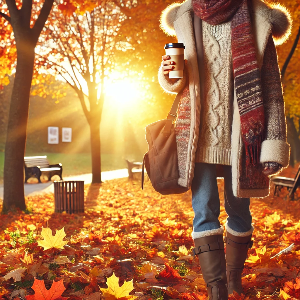 가을 공원에서 따뜻한 옷을 입고 핫 음료를 들고 있는 사람의 평화로운 풍경