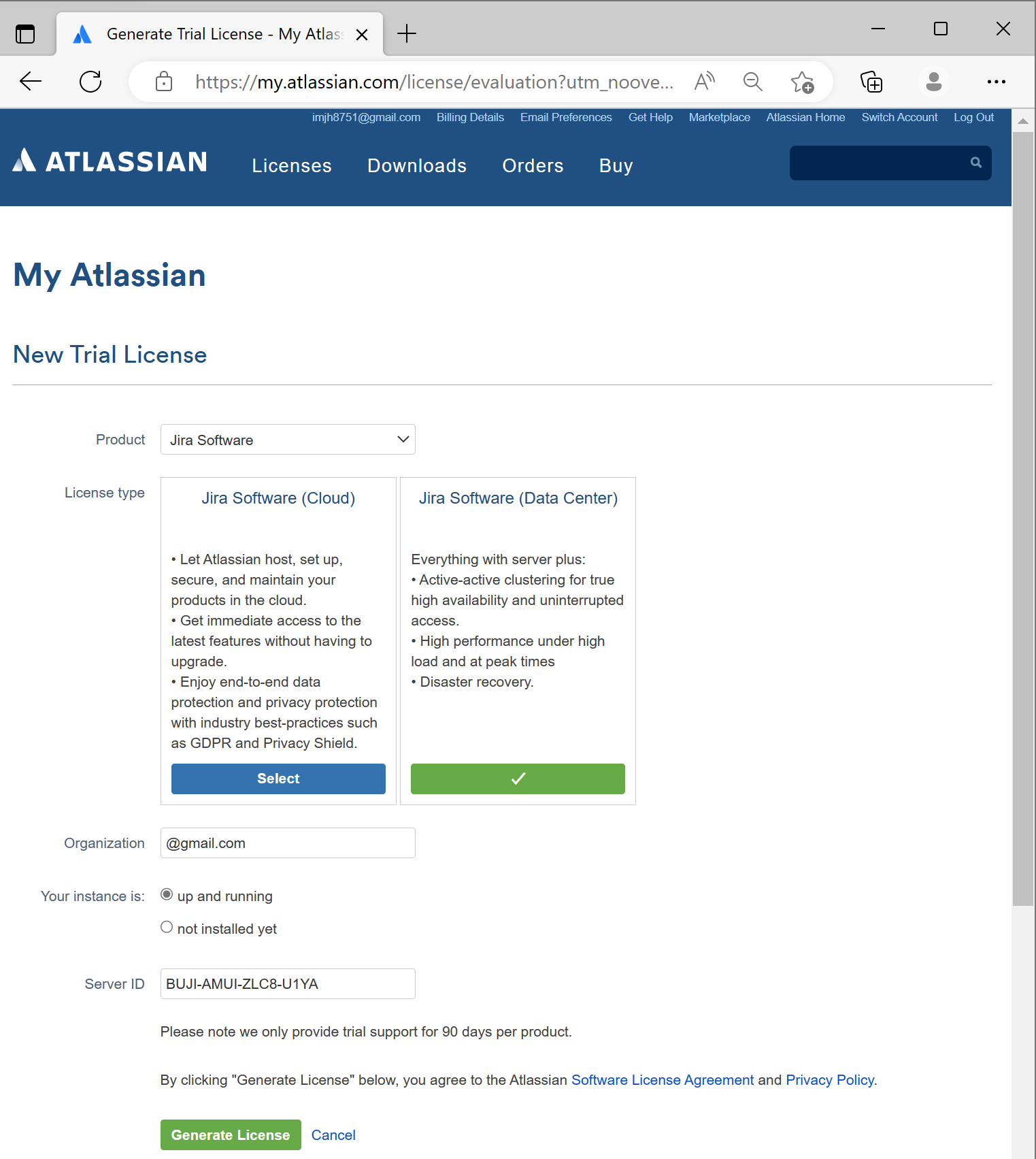 MyAtlassian에서 Jira 평가판 라이선스를 생성