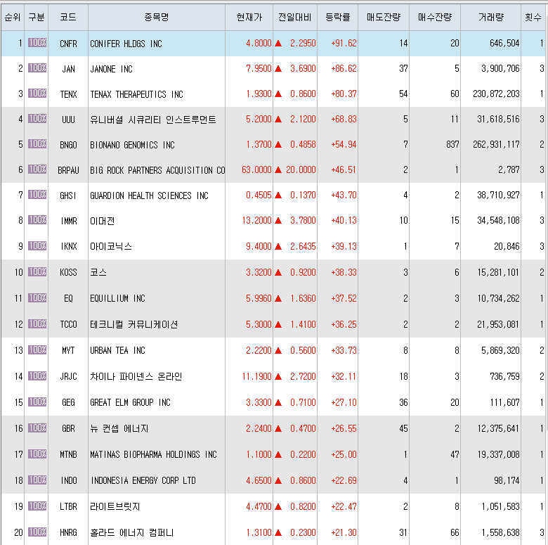 12월29일 미국주식 상승률 상위 종목 TOP 200