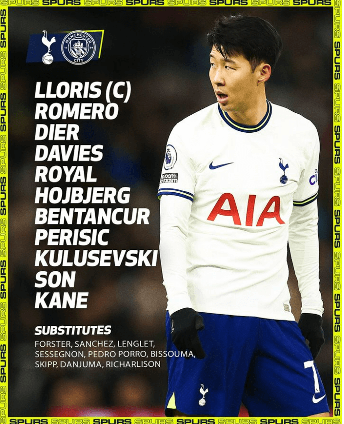 22-23 토트넘 홋스퍼 VS 맨시티의 22라운드 경기 선발진(출처: 토트넘 인스타)