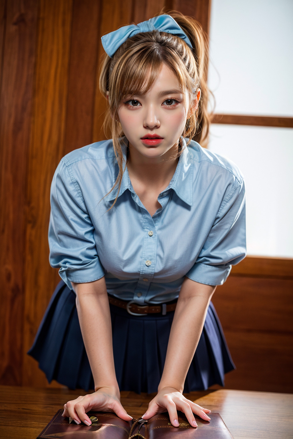  AI 생성한 하늘색 셔츠입은 귀여운 여자 이미지 - 2