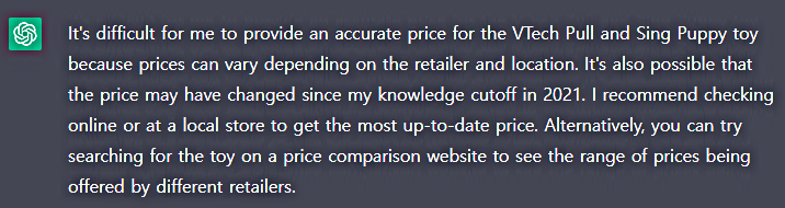 특정 장난감에 대한 가격 정보에 대한 ChatGPT의 답변