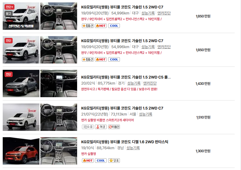 쌍용 코란도 중고차 가격 시세표 유지비