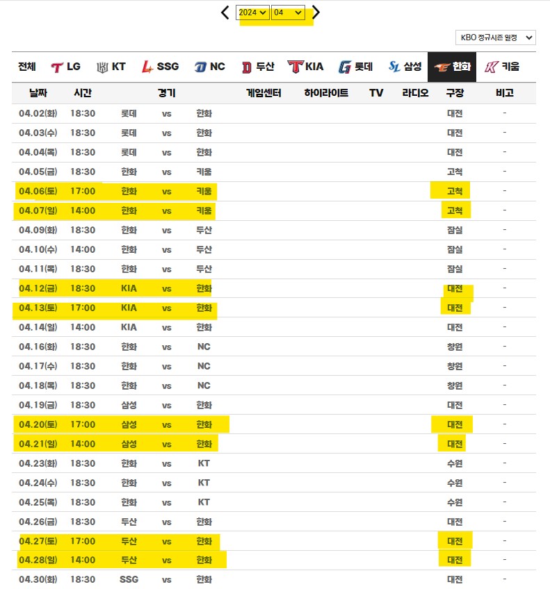 2024 한화이글스 경기 일정 티켓 예매 안내