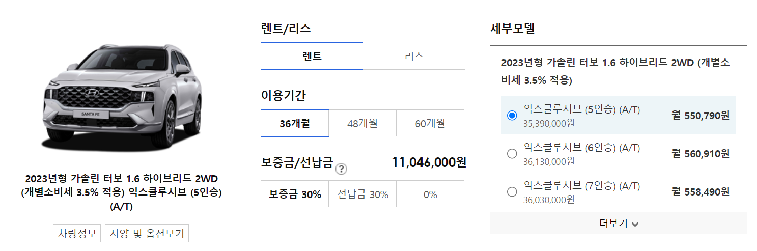 싼타페 하이브리드 장기렌트 가격