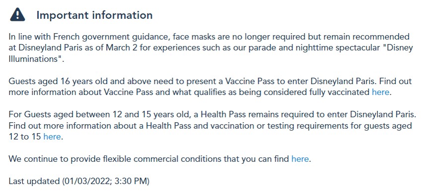 디즈니랜드 파리에서 2022년 3월부터 마스크를 착용하지 않아도 된다고 공지한 내용