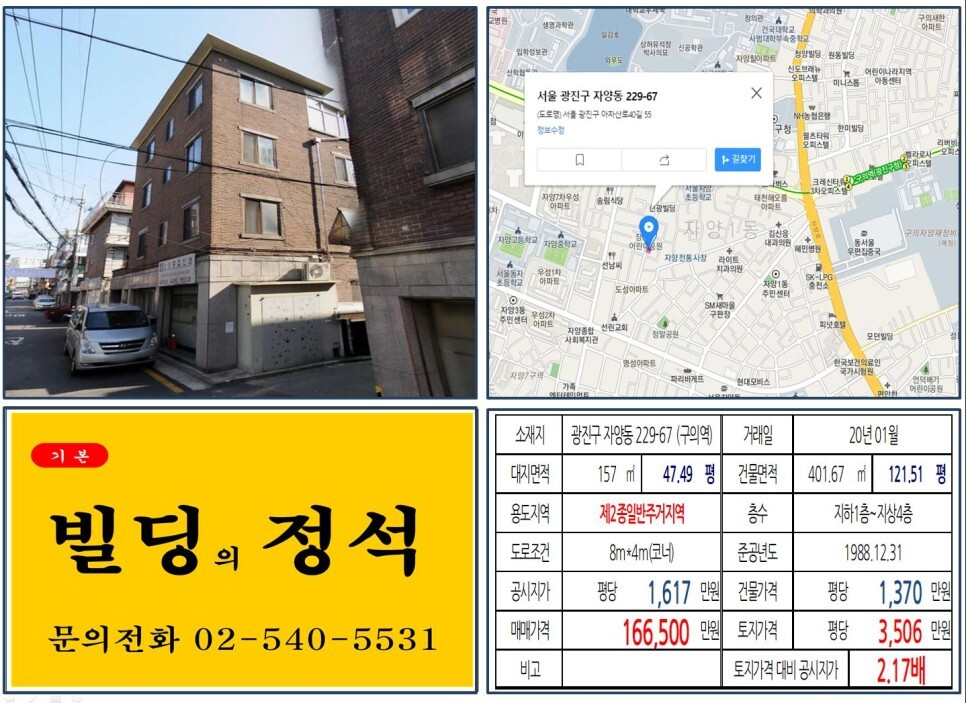  [광진구 구의자양재정비촉진구역 10억 꼬마빌딩 실거래가 조회] 자양동 229-67 (구의역) 16억 6,500만 원, 평당 3,506만 원 매매