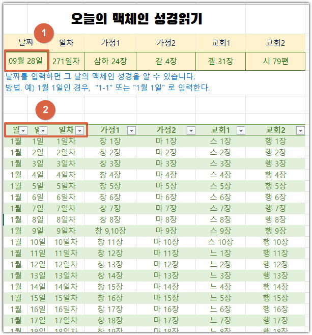  오늘의 맥체인 성경읽기표 엑셀파일 공유합니다.