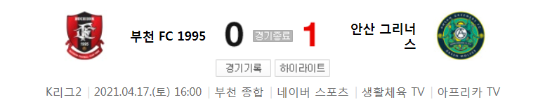  K리그2 / 국내축구 - 부천 VS 안산 (0 - 1) 2021시즌 7라운드 하이라이트 (2021년 4월 17일)