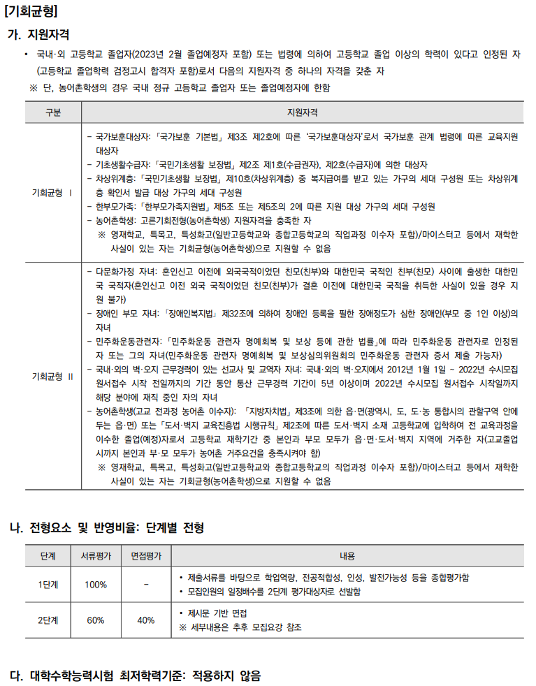 전년도 2023학년도 연세대학교 입시 전형 6