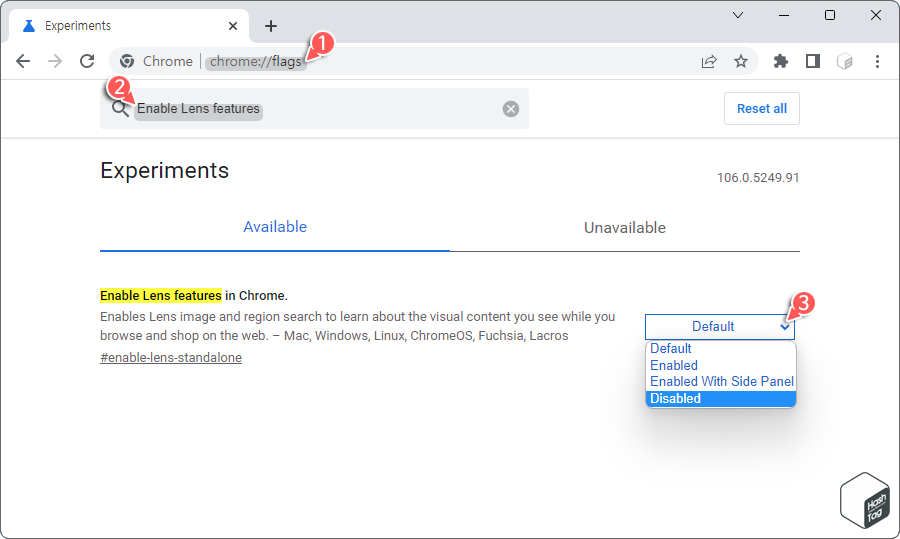 Chrome 브라우저 &gt; 실험실 &gt; Enable Lens features in Chrome 플래스 검색