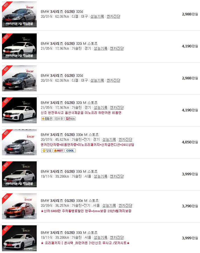 BMW 3시리즈(G20) 중고차 가격