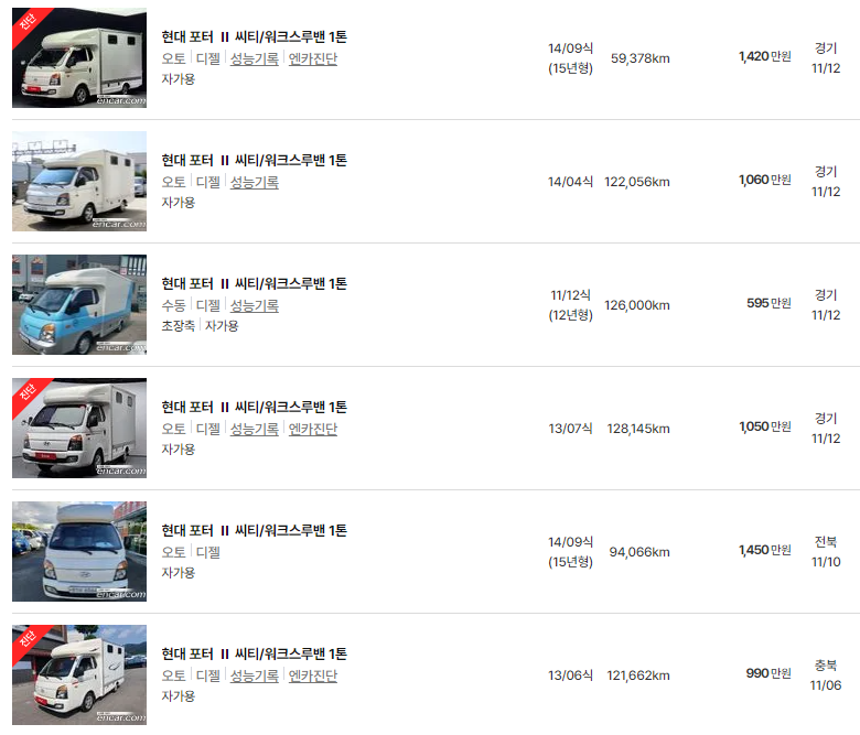 2011~2015년식 포터 캠핑카 중고차 가격
