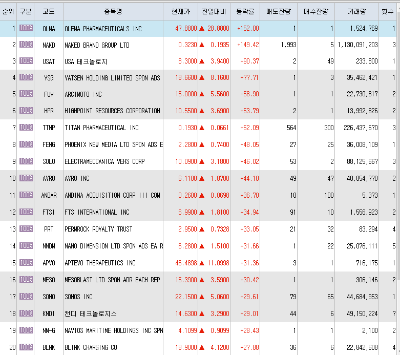  11월19일 미국주식 상승률 상위 종목 TOP 200
