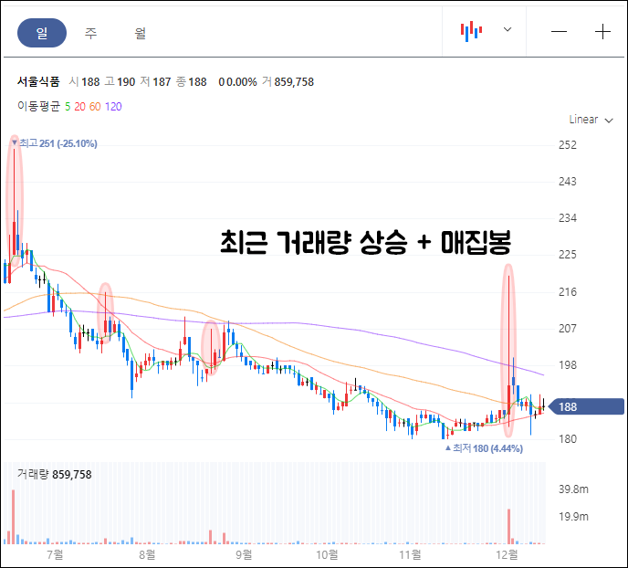 서울식품 거래량 상승 및 매집봉