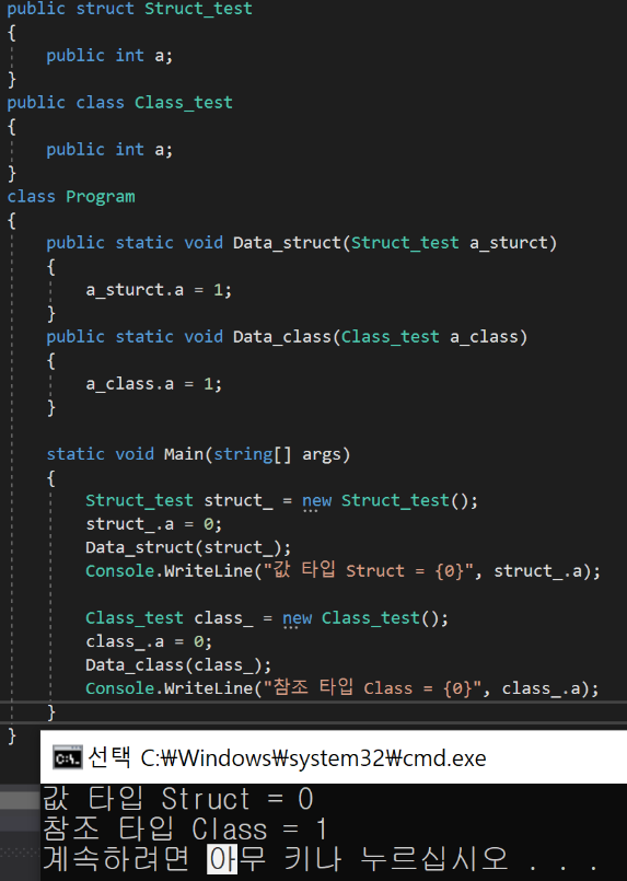 struct 와 class 타입의 차이를 코드로 표시한 사진