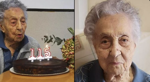 기네스북-세계최고령자-마리아브라냐스가-115살-축하생일케이크를-보고있다