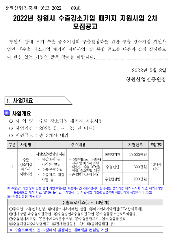  [경남] 창원시 2022년 수출강소기업 패키지 지원사업 모집 공고