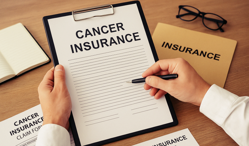 person signing health insurance agreement with pen and paperwork on desk, representing cancer insurance enrollment process in 2025 USA